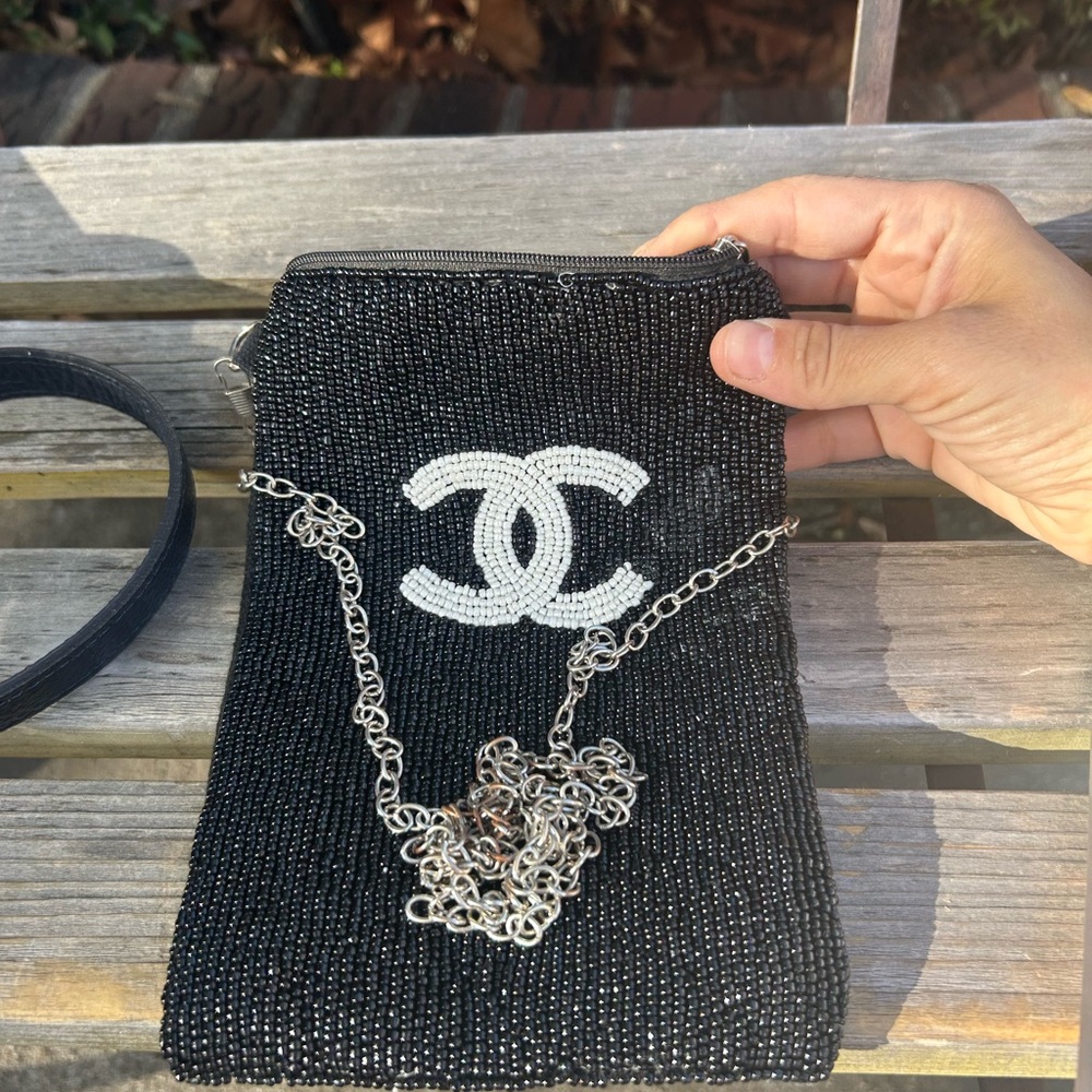 CHANEL Black and White Beaded Pouch